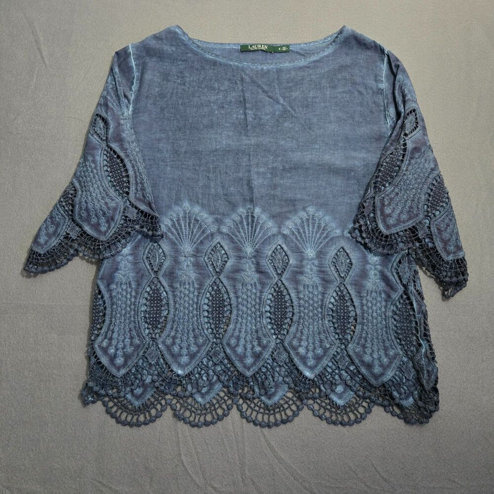 Lauren Ralph Lauren Blouse Women S Blue Scalloped Trim Cotton W Lace Insets